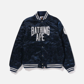 SOLID CAMO NYC LOGO NYLON VARSITY JACKET - NAVY