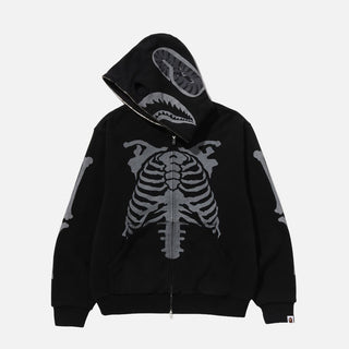 SKELETON SHARK HEAVY WASHED CROPPED FIT FULL ZIP HOODIE - BLACK