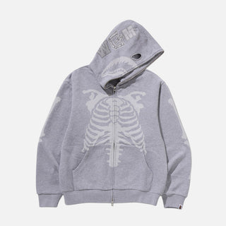 SKELETON SHARK HEAVY WASHED CROPPED FIT FULL ZIP HOODIE - GREY