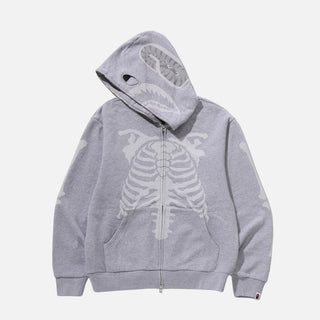 SKELETON SHARK HEAVY WASHED CROPPED FIT FULL ZIP HOODIE - GREY
