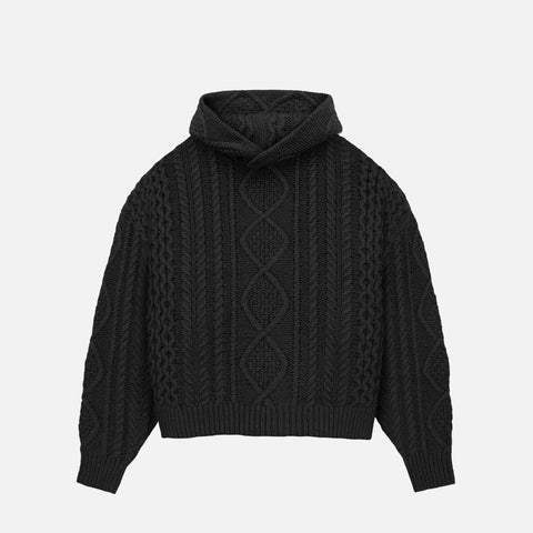 ESSENTIALS CABLE KNIT HOODIE - JET BLACK