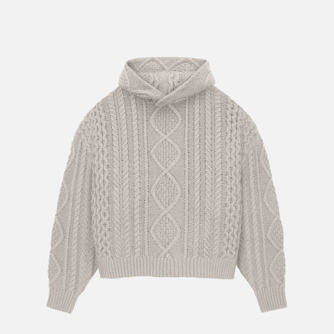 ESSENTIALS CABLE KNIT HOODIE - SILVER CLOUD