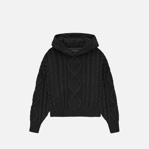 KIDS ESSENTIALS CABLE KNIT HOODIE - JET BLACK