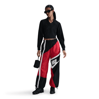 WMNS MID-RISE LOOSE WOVEN OPEN-HEM PANTS - UNIVERSITY RED / BLACK