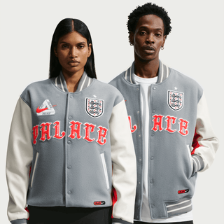 ENGLAND X PALACE X NIKE "X2" VARSITY JACKET - COOL GREY / WHITE / BRIGHT CRIMSON
