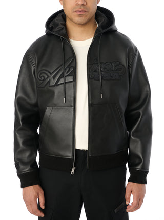 SCRIPT NAPPA LEATHER HOODIE - BLACK