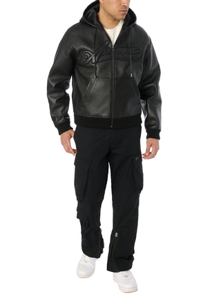 SCRIPT NAPPA LEATHER HOODIE - BLACK