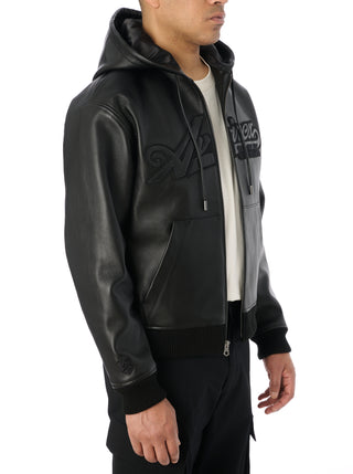 SCRIPT NAPPA LEATHER HOODIE - BLACK