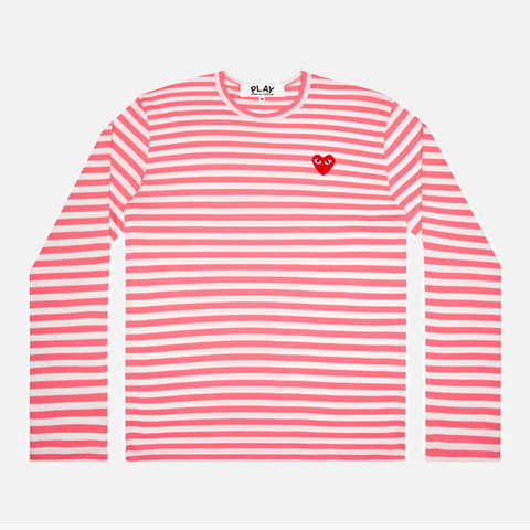 STRIPED LOGO HEART LS TEE - RED / WHITE