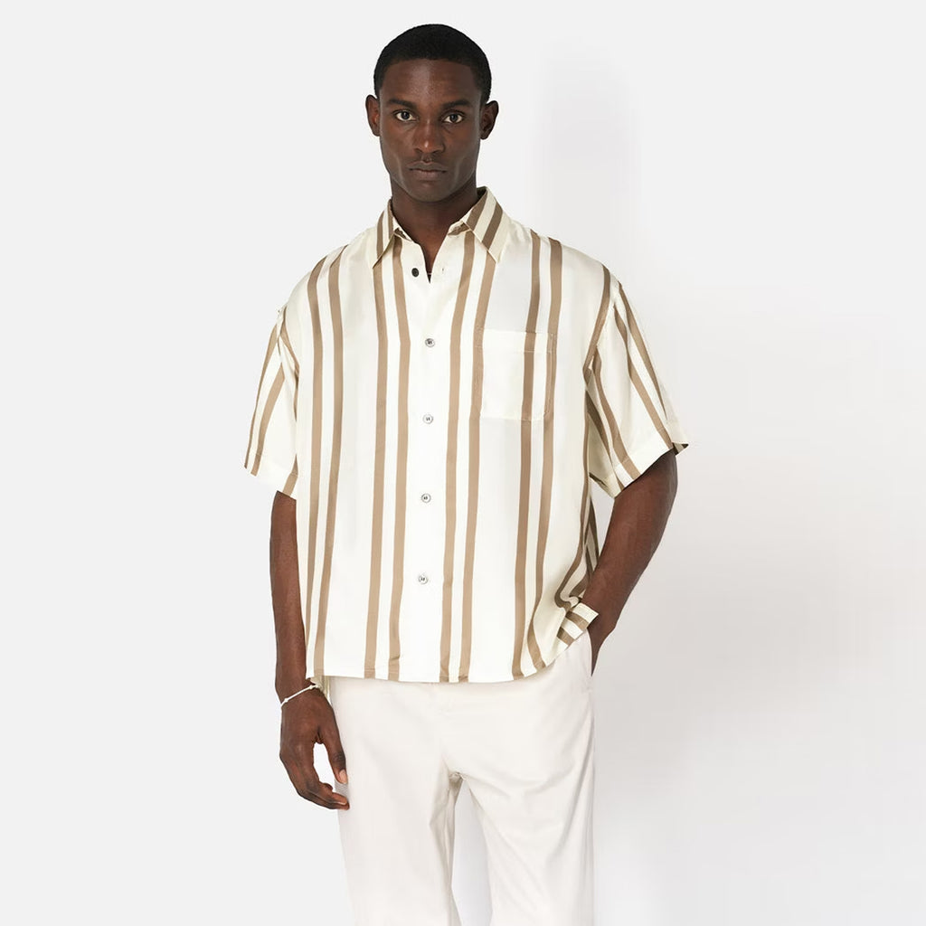 SILK SS BUTTON UP - BARK / SALT STRIPE | lapstoneandhammer.com