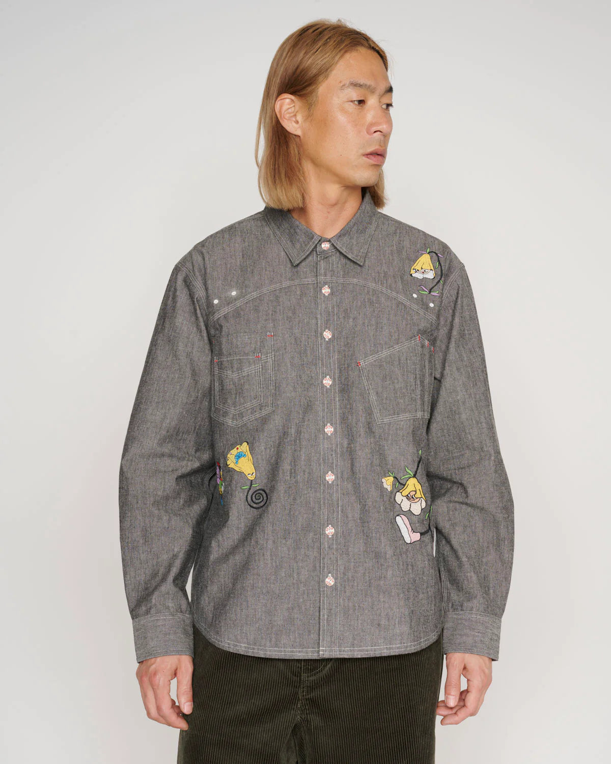 GARDEN PARTY CHAMBRAY BUTTON UP SHIRT - GREY