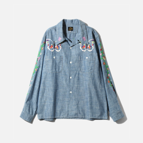COTTON CHAMBRAY INDIA EMB. ONE-UP SHIRT. - BLUE
