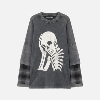 SKULL DOUBLE LAYER L/S TEE - BLACK / OFF WHITE