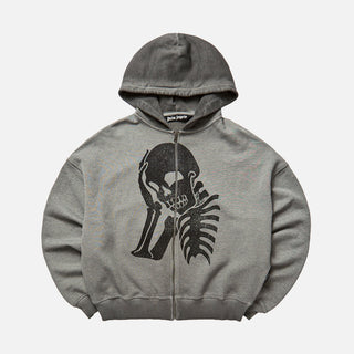 SKULL ZIPPED LOOSE HOODIE - METALLIC GREY