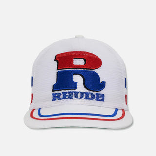 SPLIT PETROL LOGO MESH TRUCKER HAT - WHITE / RED / BLUE