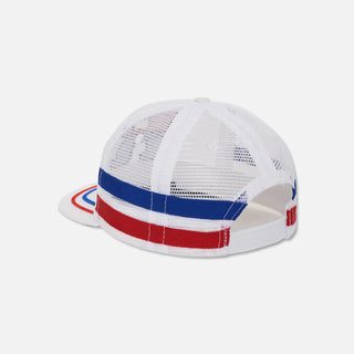 SPLIT PETROL LOGO MESH TRUCKER HAT - WHITE / RED / BLUE
