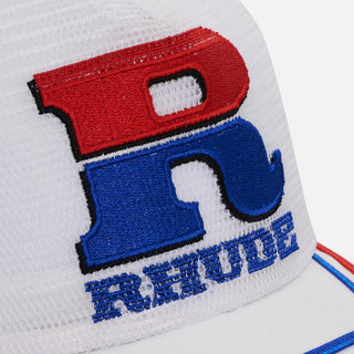 SPLIT PETROL LOGO MESH TRUCKER HAT - WHITE / RED / BLUE