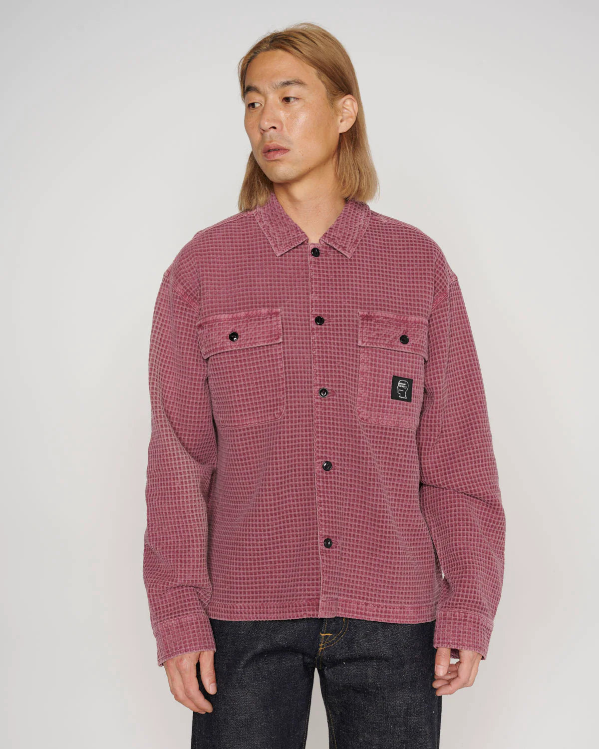 WAFFLE BUTTON FRONT SHIRT - RASPBERRY