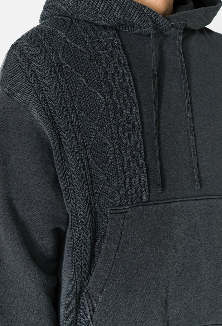 CABLE KNIT RECONSTRUCTED HOODIE - WASHED BLACK